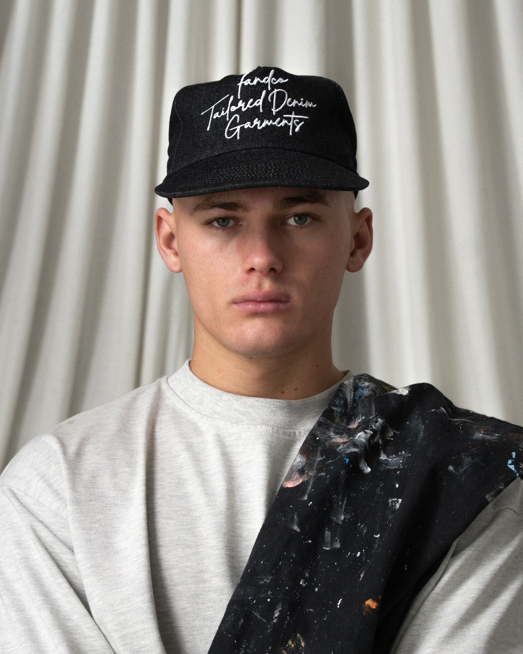Denim Script Cap - Wide Brim 5 Panel - Black Denim - Image 7