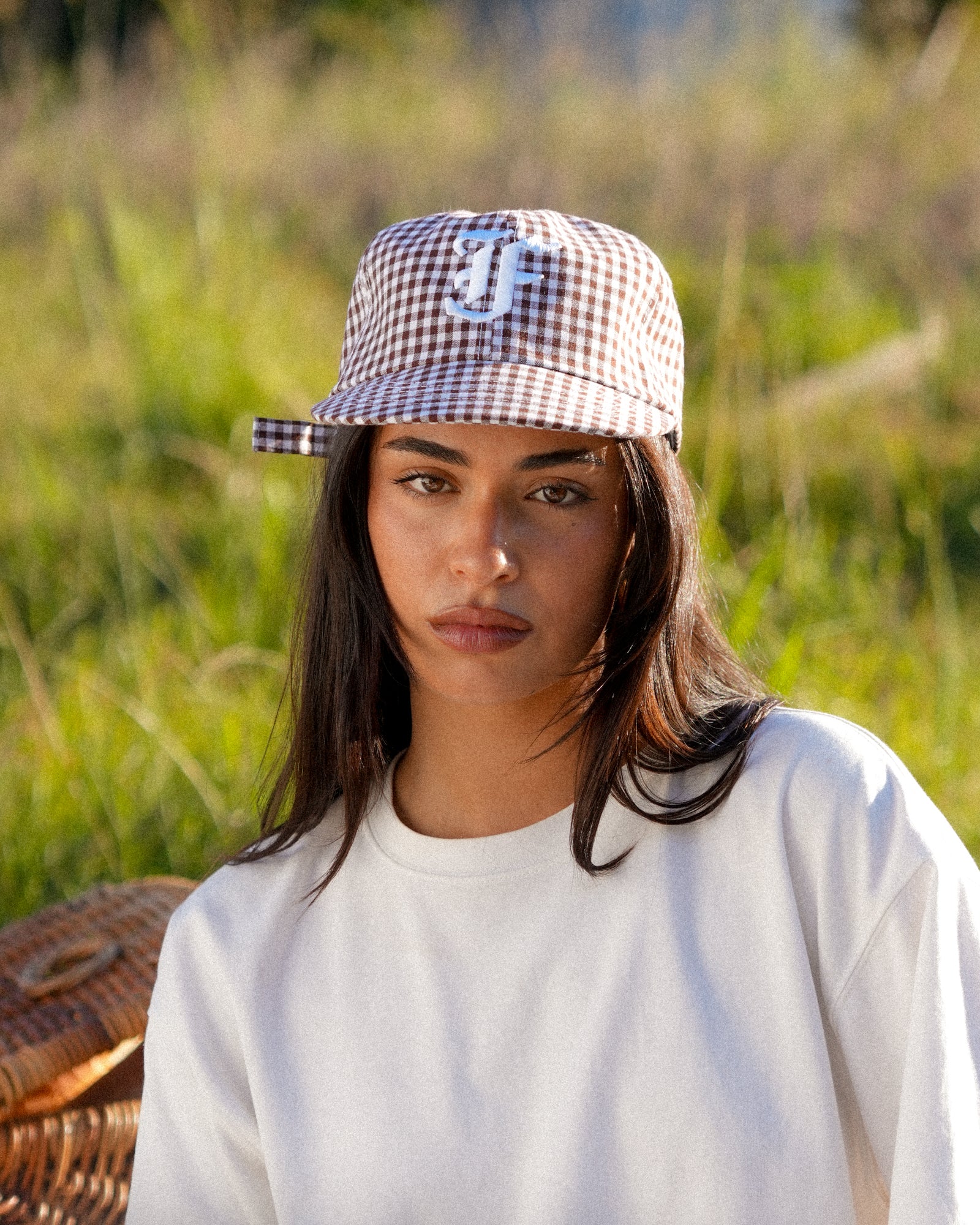 Picnic Letterman Cap - Short Brim 6 Panel - Brown/White Gingham - Image 4