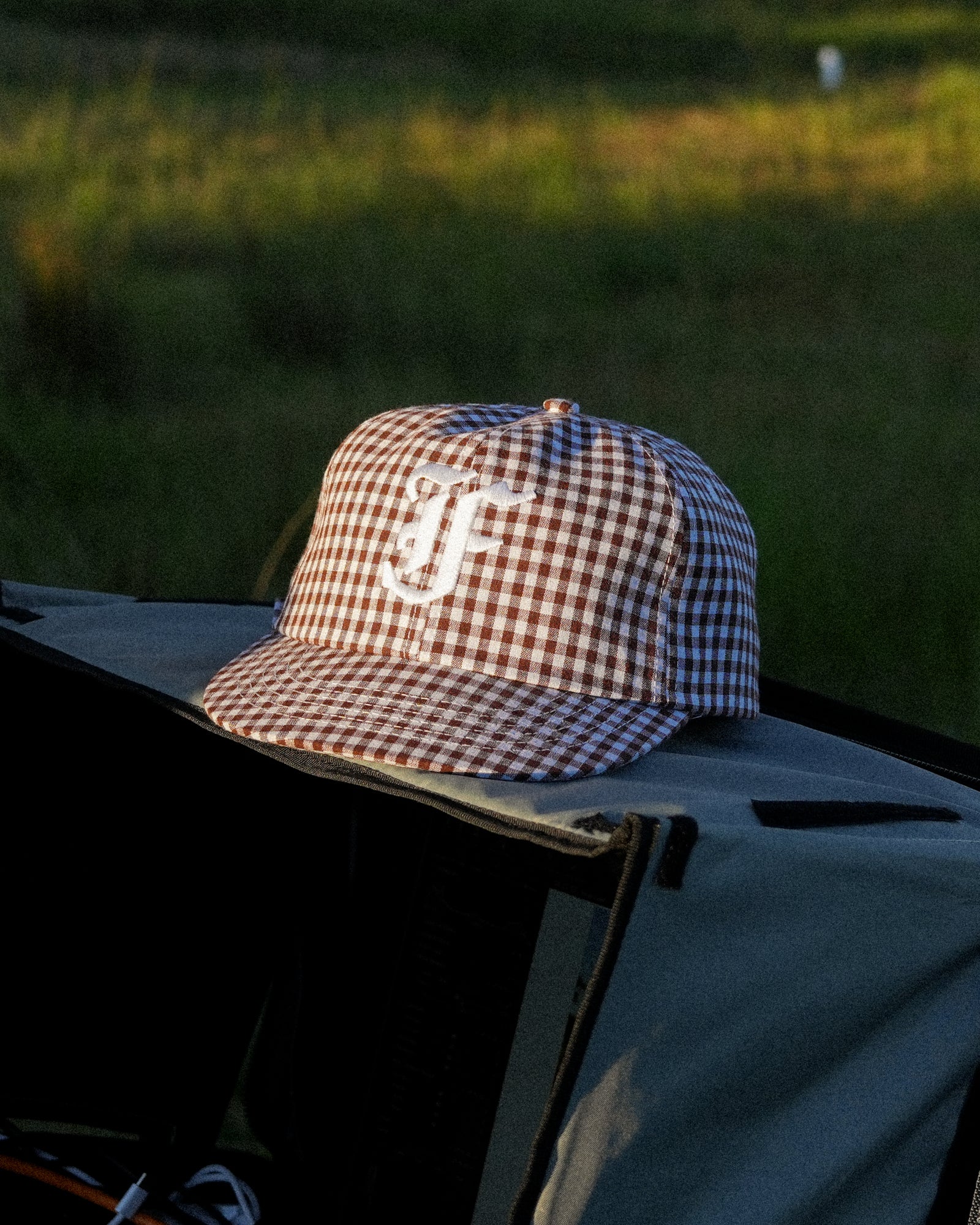 Picnic Letterman Cap - Short Brim 6 Panel - Brown/White Gingham - Image 8