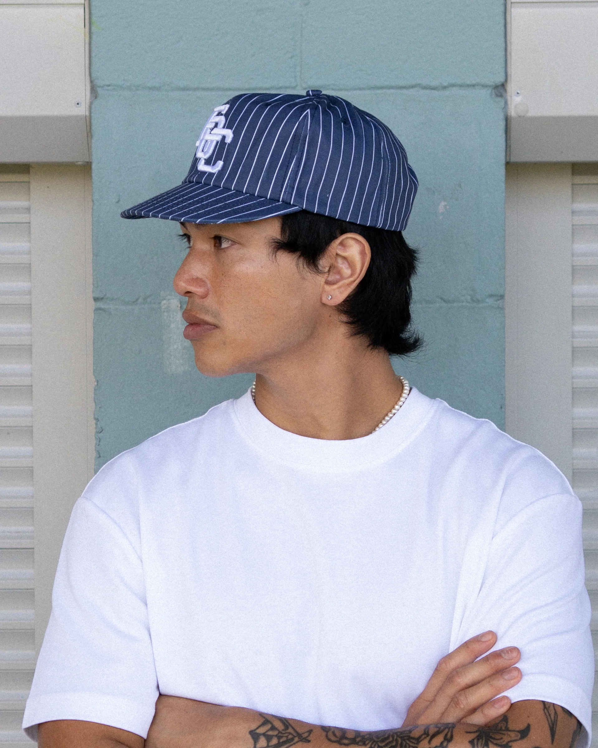 Monogram Ball Cap - Short Brim 6 Panel - Navy Pinstripe - Image 10