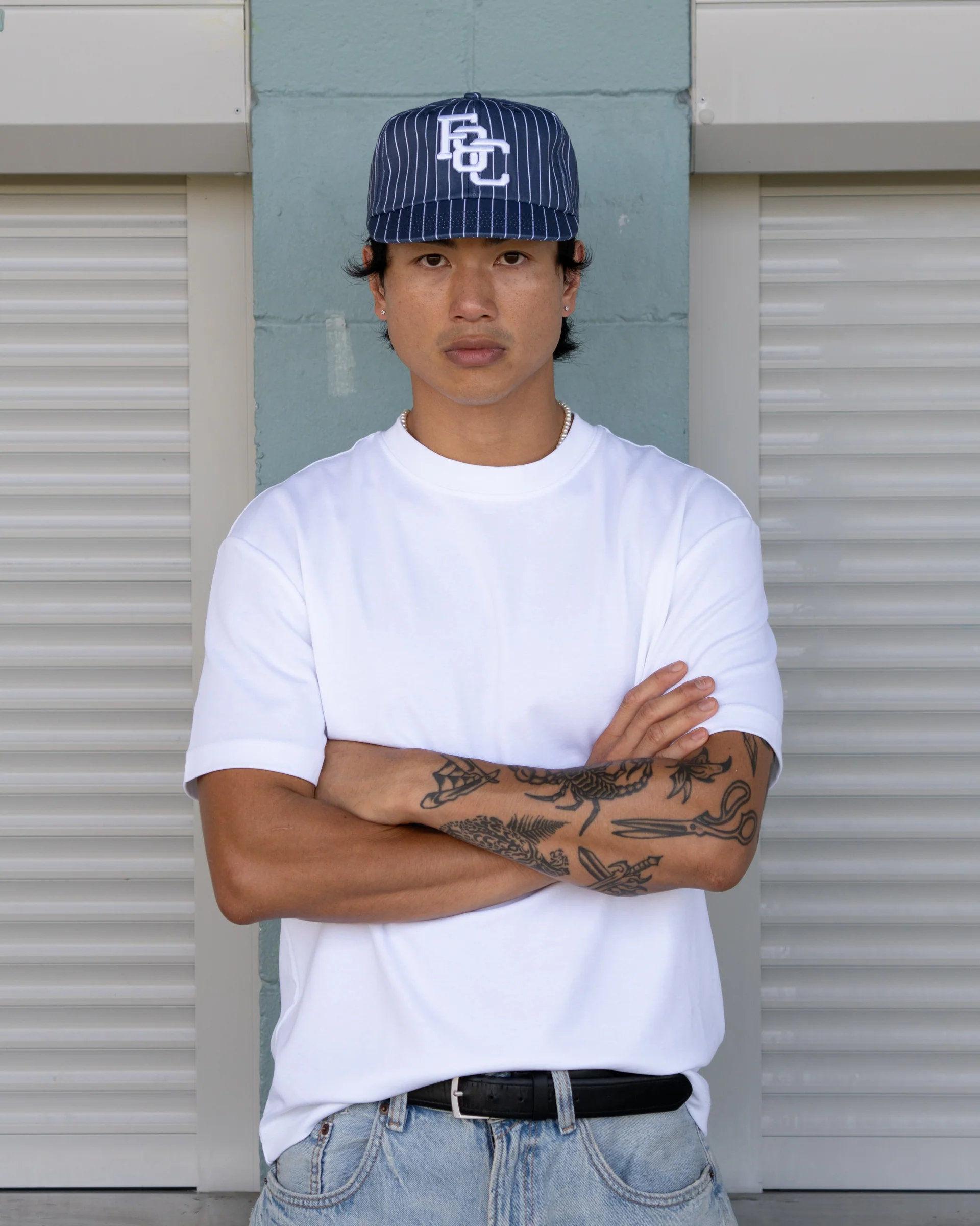 Monogram Ball Cap - Short Brim 6 Panel - Navy Pinstripe - Image 6