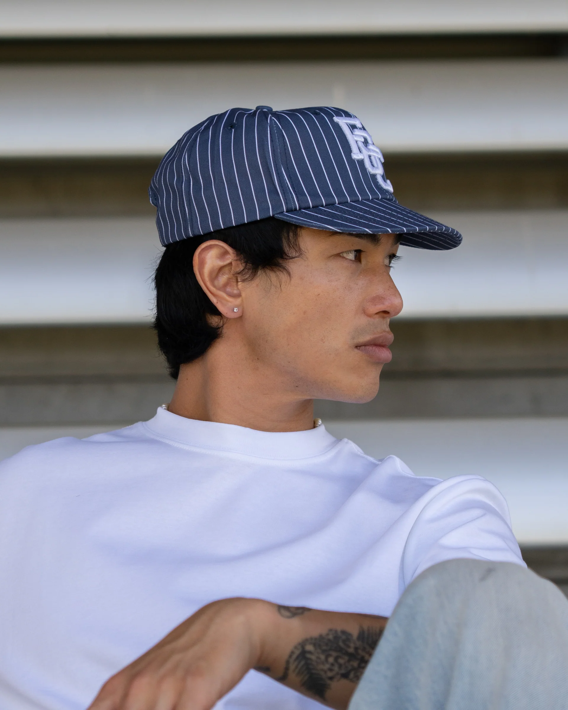 Monogram Ball Cap - Short Brim 6 Panel - Navy Pinstripe - Image 7