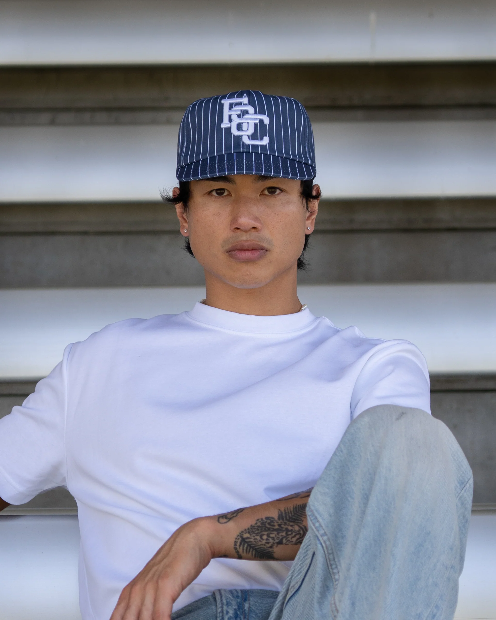 Monogram Ball Cap - Short Brim 6 Panel - Navy Pinstripe - Image 8