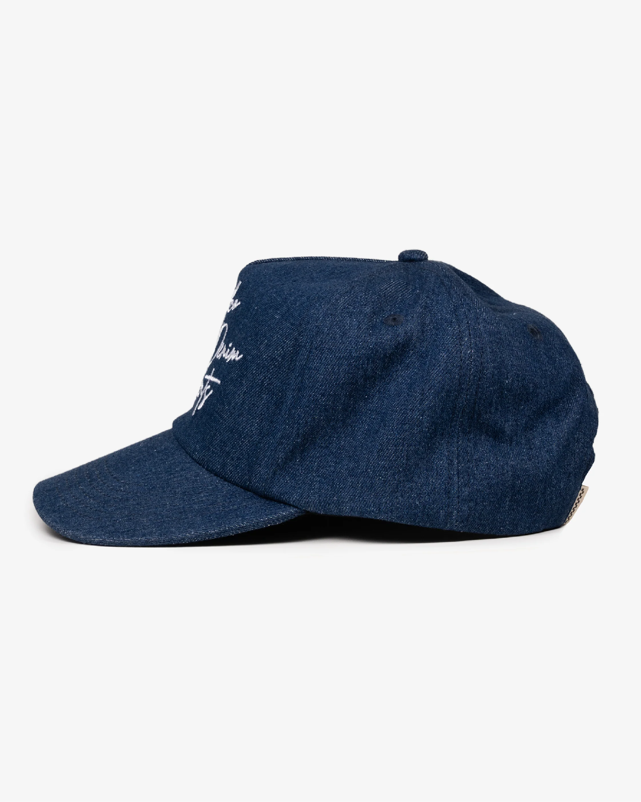 Denim Script Cap - Wide Brim 5 Panel - Dark Blue Denim - Image 3
