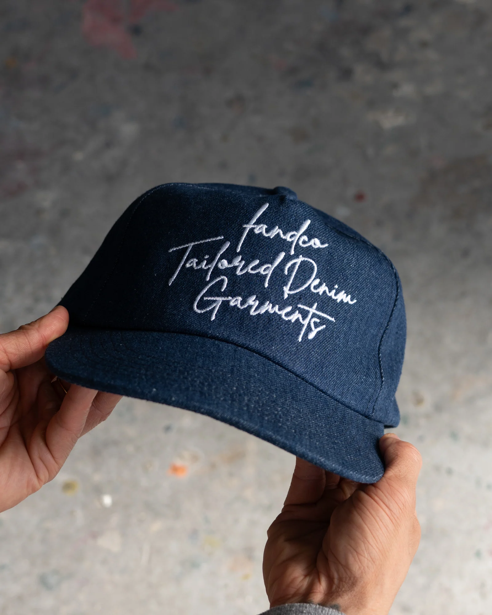 Denim Script Cap - Wide Brim 5 Panel - Dark Blue Denim - Image 5