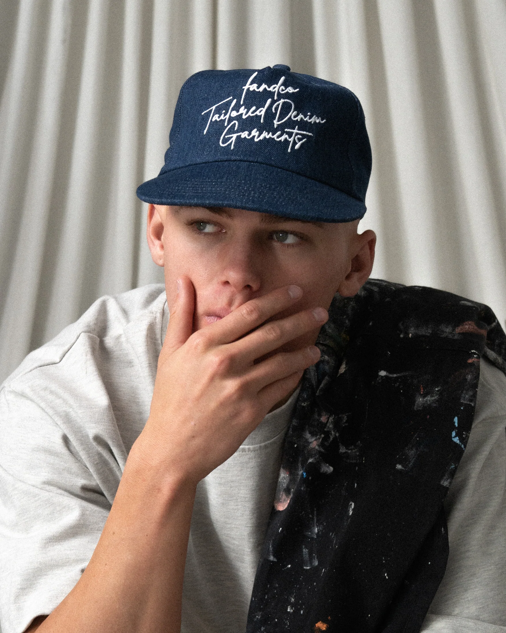 Denim Script Cap - Wide Brim 5 Panel - Dark Blue Denim - Image 6