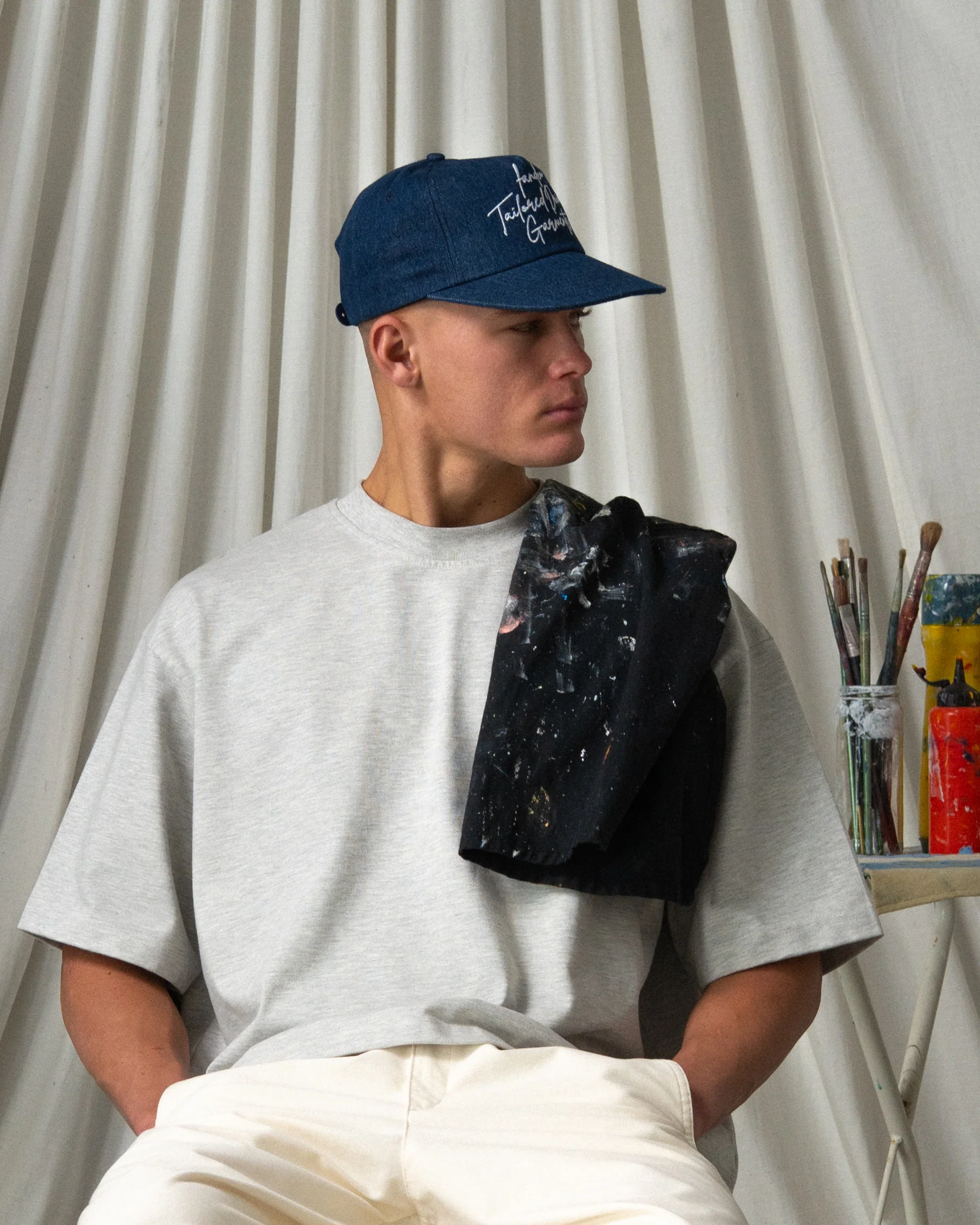 Denim Script Cap - Wide Brim 5 Panel - Dark Blue Denim - Image 8