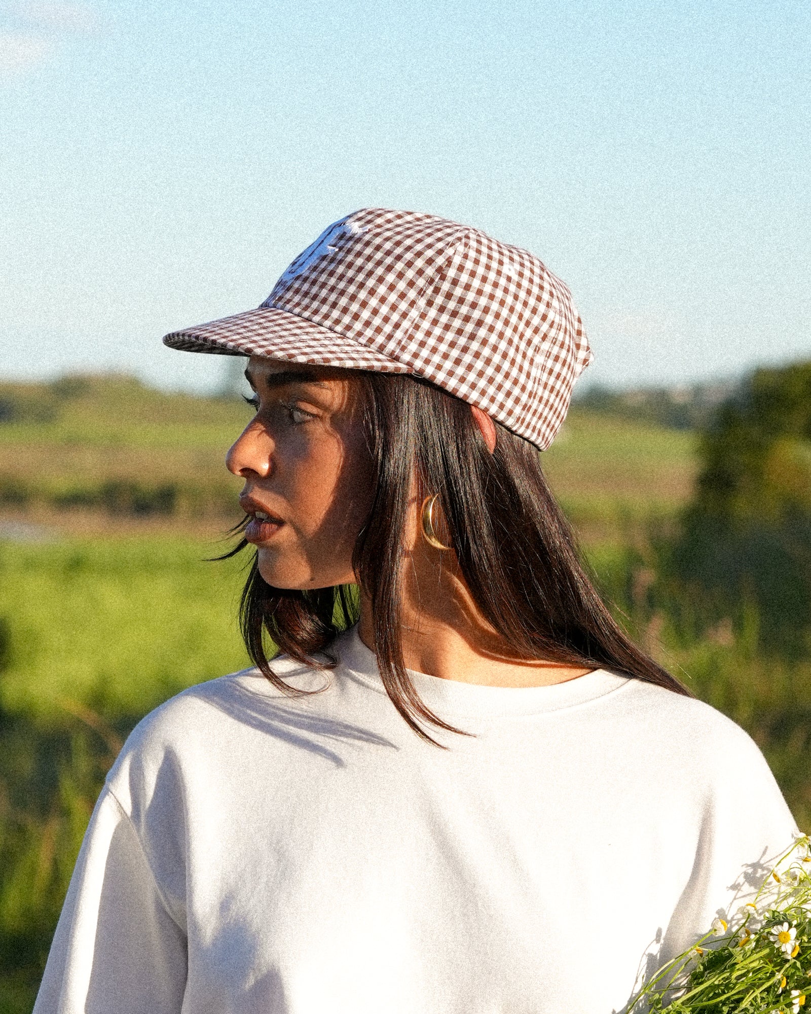 Picnic Letterman Cap - Short Brim 6 Panel - Brown/White Gingham - Image 6